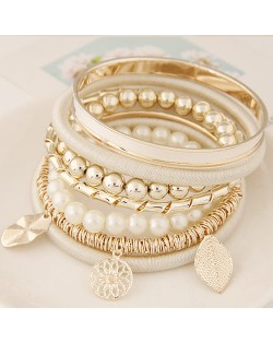 Golden Leaves and Flower Pendants Multi-layer Beads Fashion Bangle - White