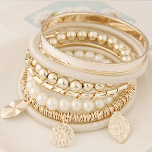 Golden Leaves and Flower Pendants Multi-layer Beads Fashion Bangle - White