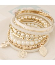 Golden Leaves and Flower Pendants Multi-layer Beads Fashion Bangle - White