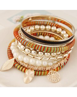 Golden Leaves and Flower Pendants Multi-layer Beads Fashion Bangle - Orange
