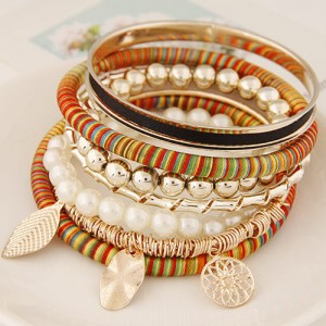 Golden Leaves and Flower Pendants Multi-layer Beads Fashion Bangle - Orange