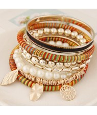 Golden Leaves and Flower Pendants Multi-layer Beads Fashion Bangle - Orange