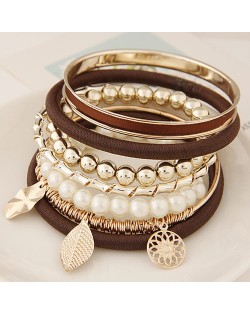 Golden Leaves and Flower Pendants Multi-layer Beads Fashion Bangle - Brown