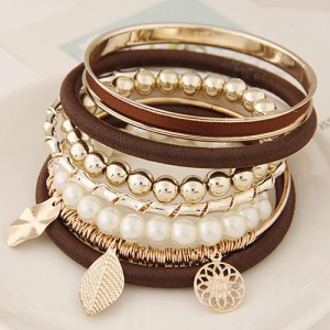 Golden Leaves and Flower Pendants Multi-layer Beads Fashion Bangle - Brown