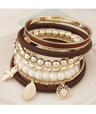 Golden Leaves and Flower Pendants Multi-layer Beads Fashion Bangle - Brown