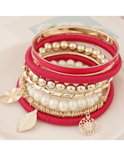 Golden Leaves and Flower Pendants Multi-layer Beads Fashion Bangle - Rose