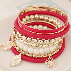 Golden Leaves and Flower Pendants Multi-layer Beads Fashion Bangle - Rose