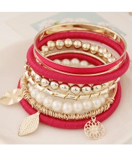 Golden Leaves and Flower Pendants Multi-layer Beads Fashion Bangle - Rose