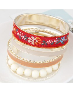 Western Style Floral Prints Multi-layer High Fashion Golden Bangle - Red