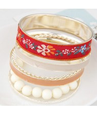 Western Style Floral Prints Multi-layer High Fashion Golden Bangle - Red