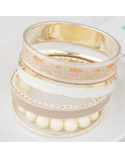 Western Style Floral Prints Multi-layer High Fashion Golden Bangle - White