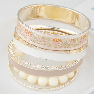 Western Style Floral Prints Multi-layer High Fashion Golden Bangle - White