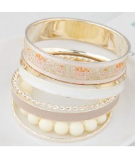 Western Style Floral Prints Multi-layer High Fashion Golden Bangle - White