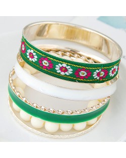 Western Style Floral Prints Multi-layer High Fashion Golden Bangle - Green