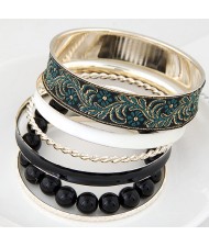 Western Style Floral Prints Multi-layer High Fashion Golden Bangle - Black