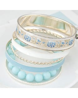 Western Style Floral Prints Multi-layer High Fashion Golden Bangle - Blue