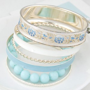 Western Style Floral Prints Multi-layer High Fashion Golden Bangle - Blue