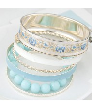 Western Style Floral Prints Multi-layer High Fashion Golden Bangle - Blue