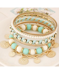 Golden Plates Pendant Multiple Layers Beads and Alloy Combo Fashion Bangle - Green