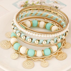 Golden Plates Pendant Multiple Layers Beads and Alloy Combo Fashion Bangle - Green
