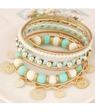 Golden Plates Pendant Multiple Layers Beads and Alloy Combo Fashion Bangle - Green
