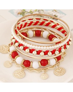 Golden Plates Pendant Multiple Layers Beads and Alloy Combo Fashion Bangle - Red