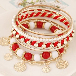Golden Plates Pendant Multiple Layers Beads and Alloy Combo Fashion Bangle - Red