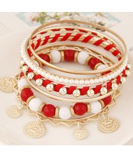 Golden Plates Pendant Multiple Layers Beads and Alloy Combo Fashion Bangle - Red