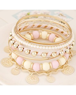 Golden Plates Pendant Multiple Layers Beads and Alloy Combo Fashion Bangle - Pink