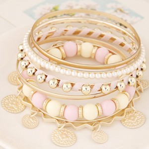 Golden Plates Pendant Multiple Layers Beads and Alloy Combo Fashion Bangle - Pink