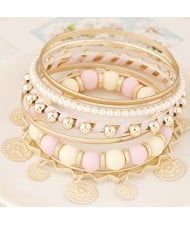 Golden Plates Pendant Multiple Layers Beads and Alloy Combo Fashion Bangle - Pink