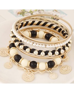 Golden Plates Pendant Multiple Layers Beads and Alloy Combo Fashion Bangle - Black