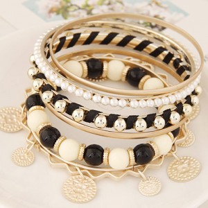 Golden Plates Pendant Multiple Layers Beads and Alloy Combo Fashion Bangle - Black