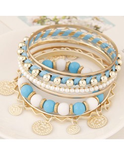 Golden Plates Pendant Multiple Layers Beads and Alloy Combo Fashion Bangle - Blue