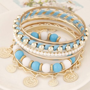 Golden Plates Pendant Multiple Layers Beads and Alloy Combo Fashion Bangle - Blue