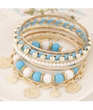 Golden Plates Pendant Multiple Layers Beads and Alloy Combo Fashion Bangle - Blue