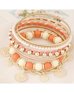 Golden Plates Pendant Multiple Layers Beads and Alloy Combo Fashion Bangle - Orange