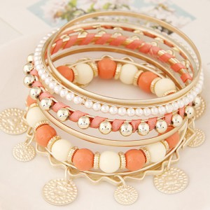Golden Plates Pendant Multiple Layers Beads and Alloy Combo Fashion Bangle - Orange