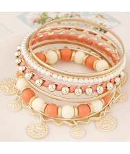 Golden Plates Pendant Multiple Layers Beads and Alloy Combo Fashion Bangle - Orange