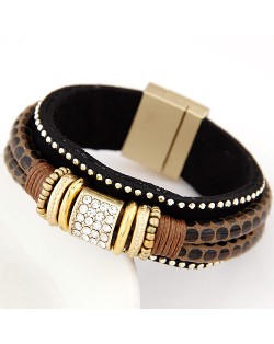 Rhinestone and Studs Inlaid Dual Layers Leather Magnetic Buckle Fashion Bangle - Brown
