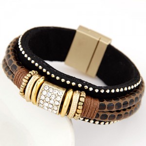 Rhinestone and Studs Inlaid Dual Layers Leather Magnetic Buckle Fashion Bangle - Brown