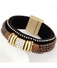 Rhinestone and Studs Inlaid Dual Layers Leather Magnetic Buckle Fashion Bangle - Brown