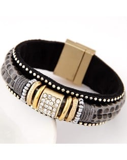 Rhinestone and Studs Inlaid Dual Layers Leather Magnetic Buckle Fashion Bangle - Gray
