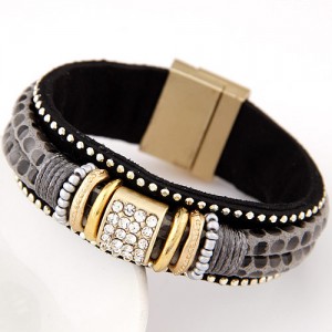 Rhinestone and Studs Inlaid Dual Layers Leather Magnetic Buckle Fashion Bangle - Gray