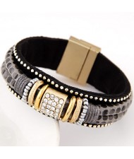 Rhinestone and Studs Inlaid Dual Layers Leather Magnetic Buckle Fashion Bangle - Gray