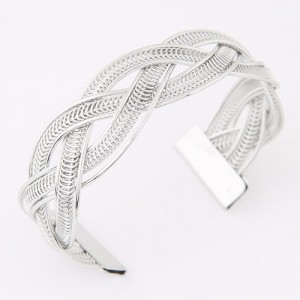 Weaving Wire Pattern Open-end Alloy Bangle - Silver