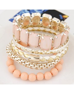 Multiple Layers Gems and Beads Combo Fashion Bangle - Light Orange