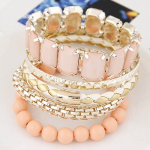 Multiple Layers Gems and Beads Combo Fashion Bangle - Light Orange
