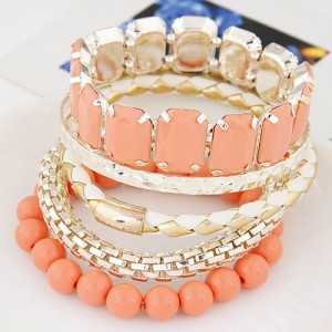 Multiple Layers Gems and Beads Combo Fashion Bangle - Orange