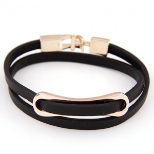 Simplistic Golden Oblong Buckle Two Layers Leather Fashion Bracelet - Black